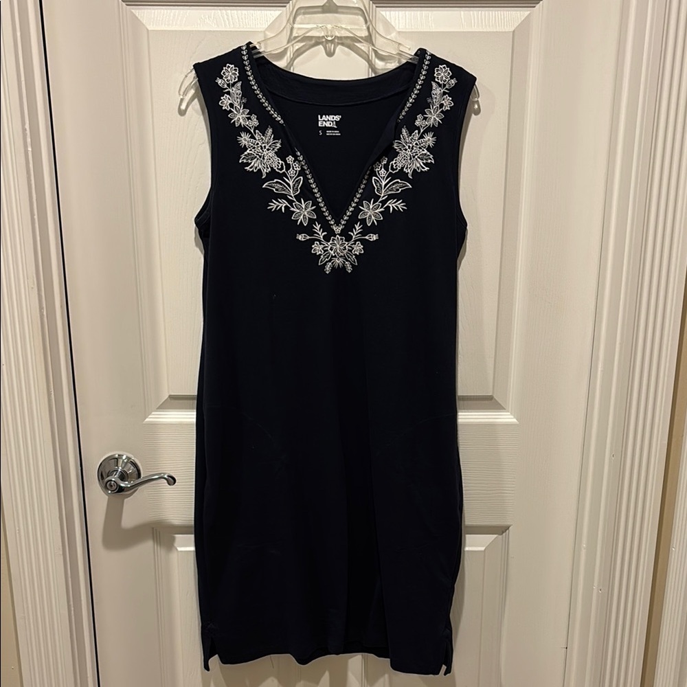 Lands' End Navy Dress with White Embroidery